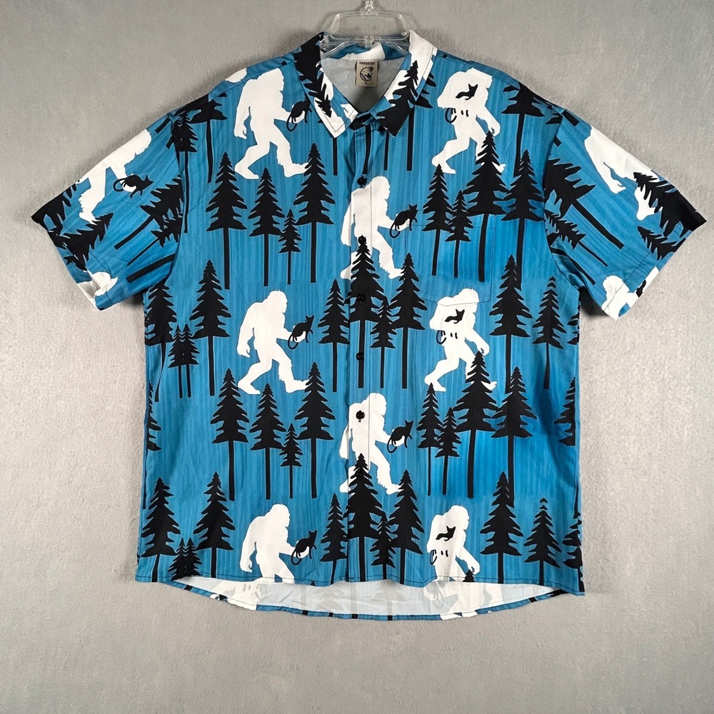 Hardaddy Button Down Shirt Mens XL Blue Bigfootβ Sasquatch Cat Pine Tree Print